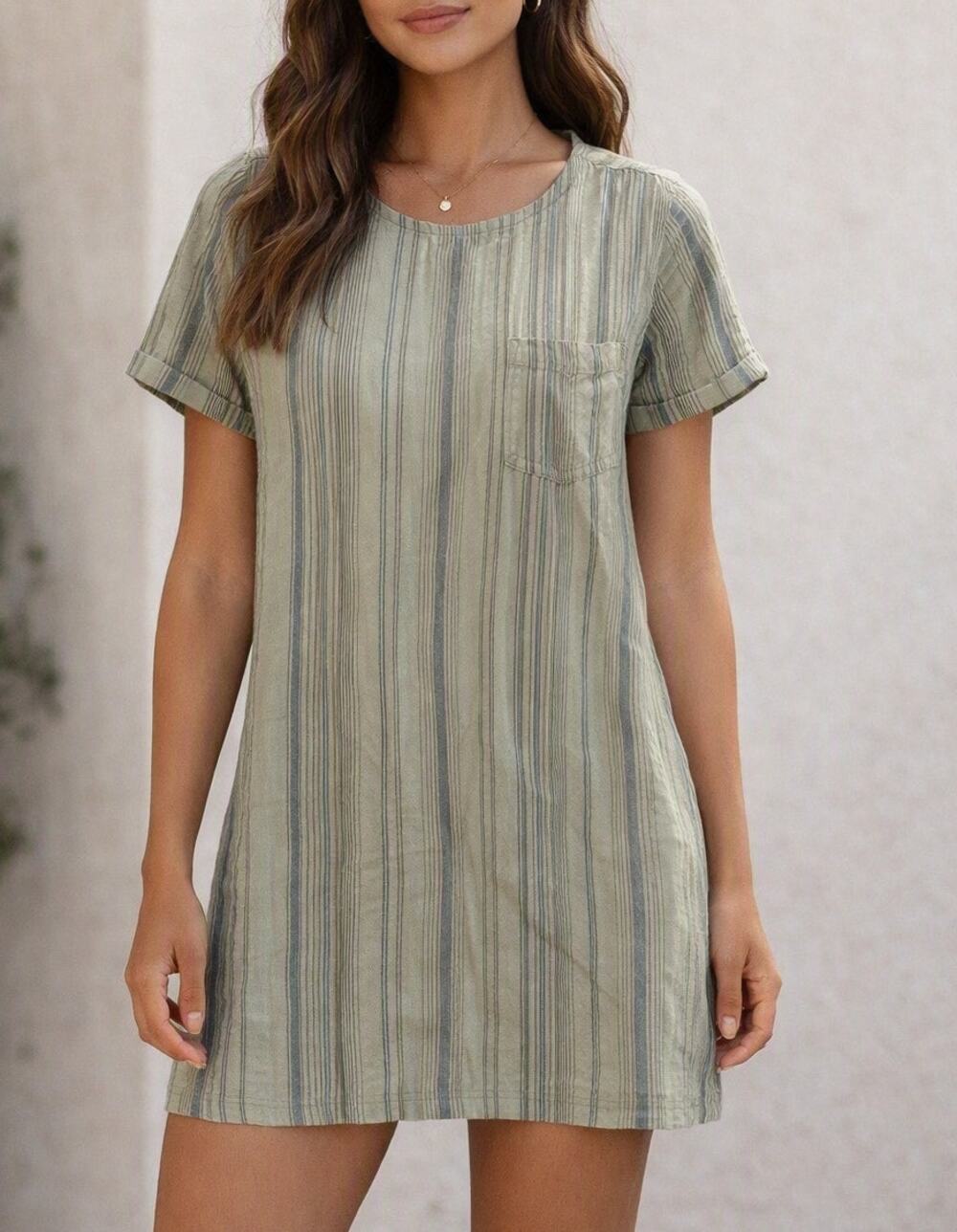 Cloth & Stone Short Sleeve Striped Mini Linen Blend Tee Shirt Shift Dress Green